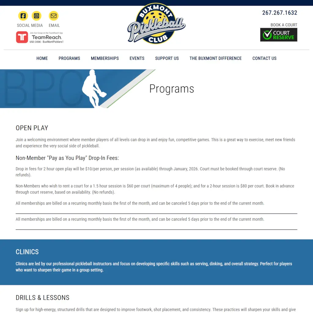 Buxmont Pickleball Club webpage featuring Open Play details, pricing, and membership information. Top navigation bar includes links to home, programs, memberships, events, support options, and contact. Highlighted sections on clinics and drills emphasize skill development. The page conveys an inviting and community-oriented tone.