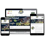 Website showing the "Buxmont Pickleball Club" on phone, tablet, and laptop. Bright, inviting design features dynamic pickleball action images.