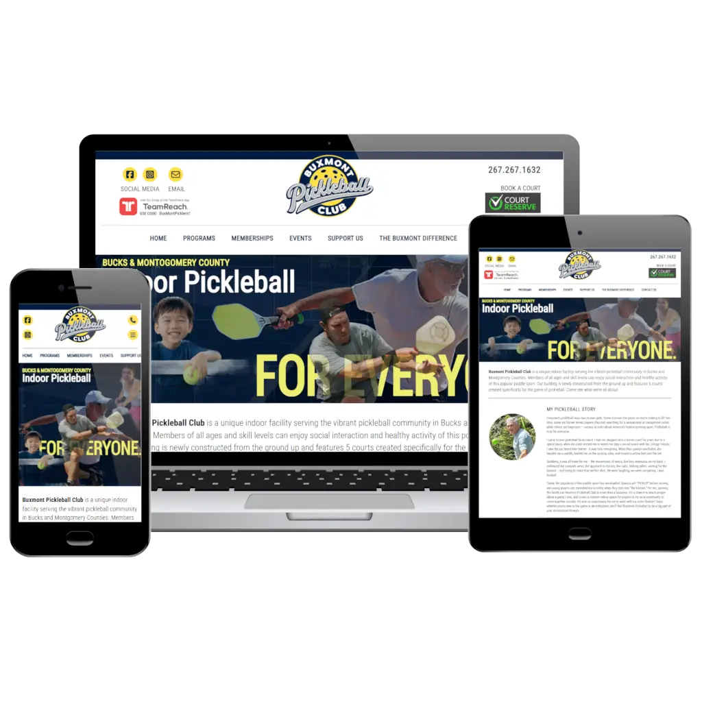 Website showing the "Buxmont Pickleball Club" on phone, tablet, and laptop. Bright, inviting design features dynamic pickleball action images.