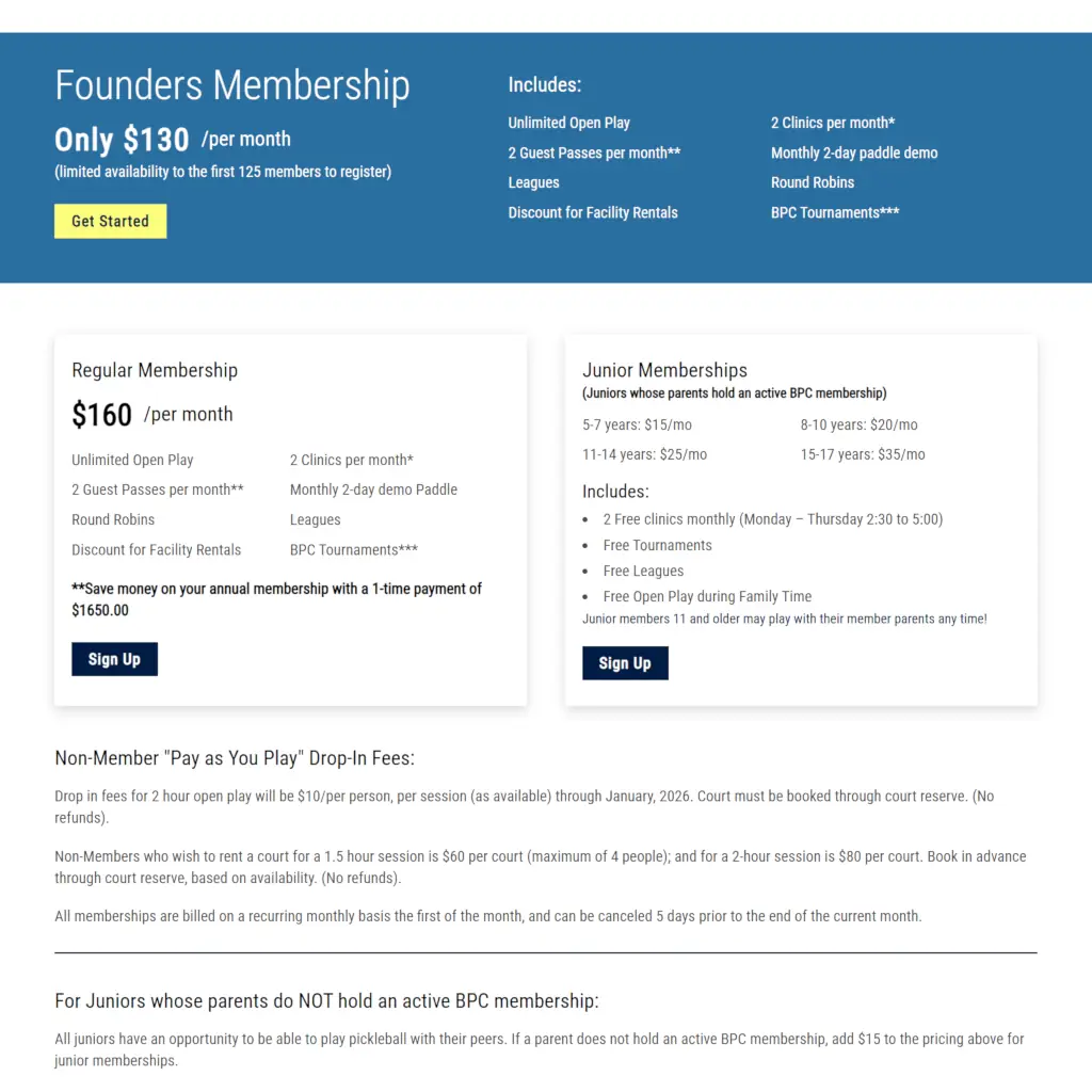 Website screenshot of Buxmont Pickleball Club's membership pricing chart: Founders Membership at $130/month, Regular at $160/month, Junior priced by age. Includes play, clinics, and tournaments.
