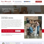Website for Frye's Moving Co. features apartment moving services. Includes contact info, free estimate button, and photo of a couple packing boxes.