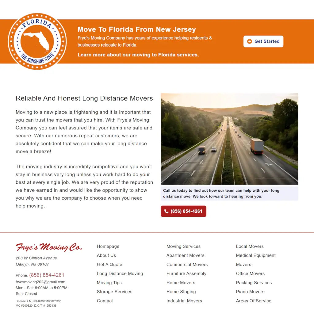 Website banner for Frye's Moving Co., featuring Florida’s outline. Text highlights moving services to Florida from New Jersey. Image shows vehicles on a highway at sunset. Call to action and contact number are displayed prominently.