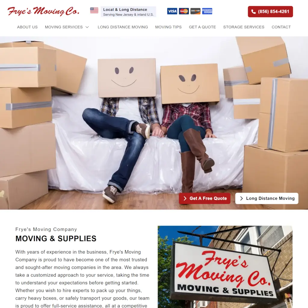 Couple on a couch with smiley boxes on heads, surrounded by moving boxes, conveying a playful mood. Frye's Moving Co. website header with contact info and services.