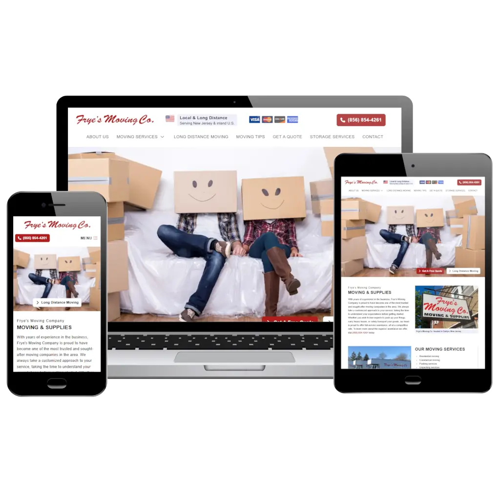 www.fryesmoving.com responsive website design displayed on laptop, tablet, and smartphone. Shows a couple with smiley-face boxes on their heads, sitting on a couch surrounded by moving boxes, conveying a playful and lighthearted moving theme.