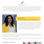 Profile of Chenice, highlighted on a mission page. A woman with dark wavy hair, wearing a yellow blazer, conveys warmth and commitment. Text highlights her compassion and dedication to caregiving since 2000, inspired by family values and realized through her daycare and homecare services. Tone is heartfelt and inspiring.