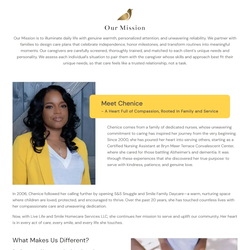 Profile of Chenice, highlighted on a mission page. A woman with dark wavy hair, wearing a yellow blazer, conveys warmth and commitment. Text highlights her compassion and dedication to caregiving since 2000, inspired by family values and realized through her daycare and homecare services. Tone is heartfelt and inspiring.