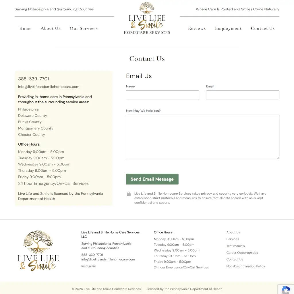 Website contact page for "Live Life and Smile Homecare Services" in Pennsylvania. Includes contact info, office hours, counties served, and an email form.