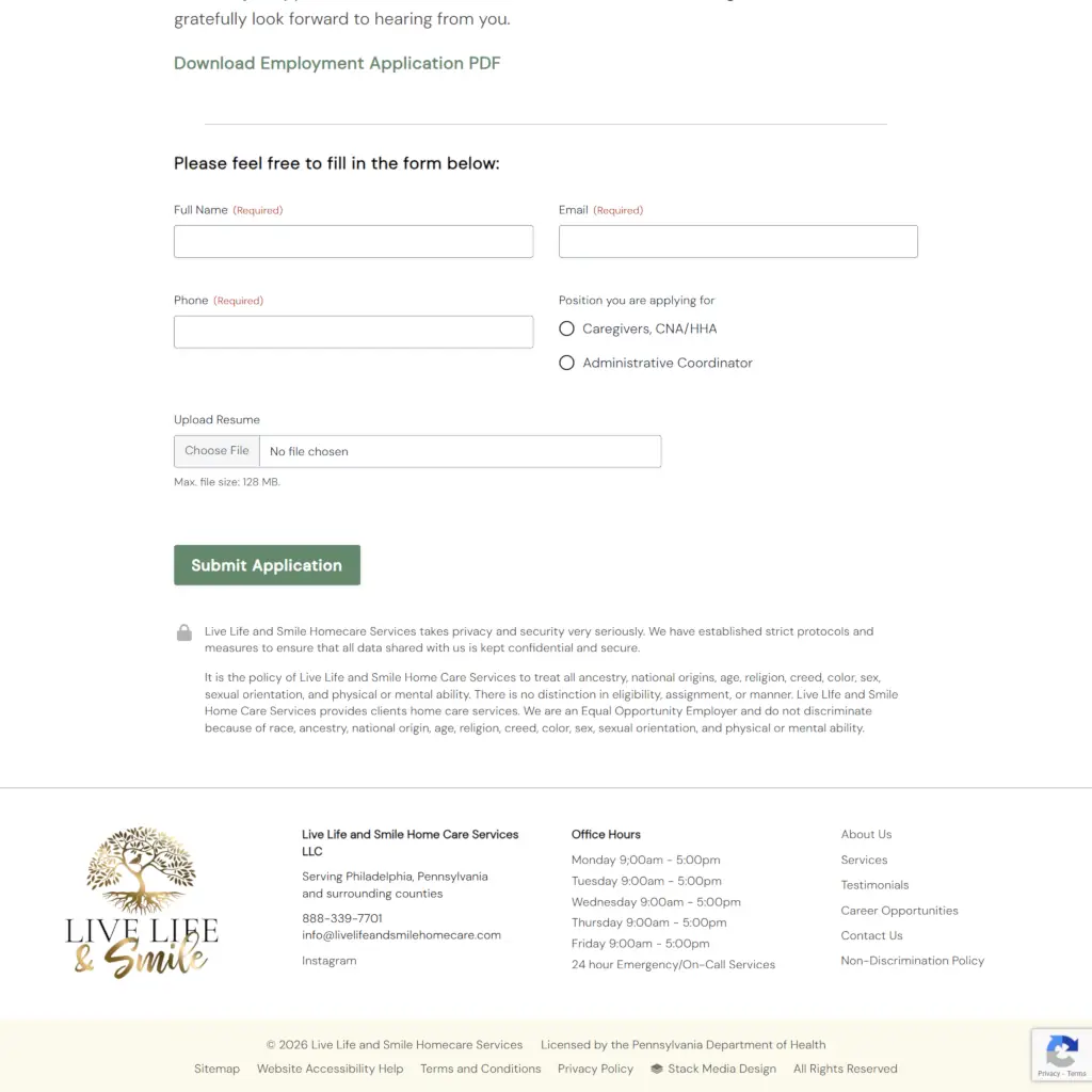 Job application form for Live Life and Smile Home Care Services, offering positions for Caregivers and Administrative Coordinator. Includes fields for name, email, phone, and resume upload, with a submit button. Company logo and contact information are at the bottom.