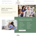A website homepage for Live Life & Smile Homecare Services features comforting images of caregivers assisting elderly clients, highlighting warmth and compassion.