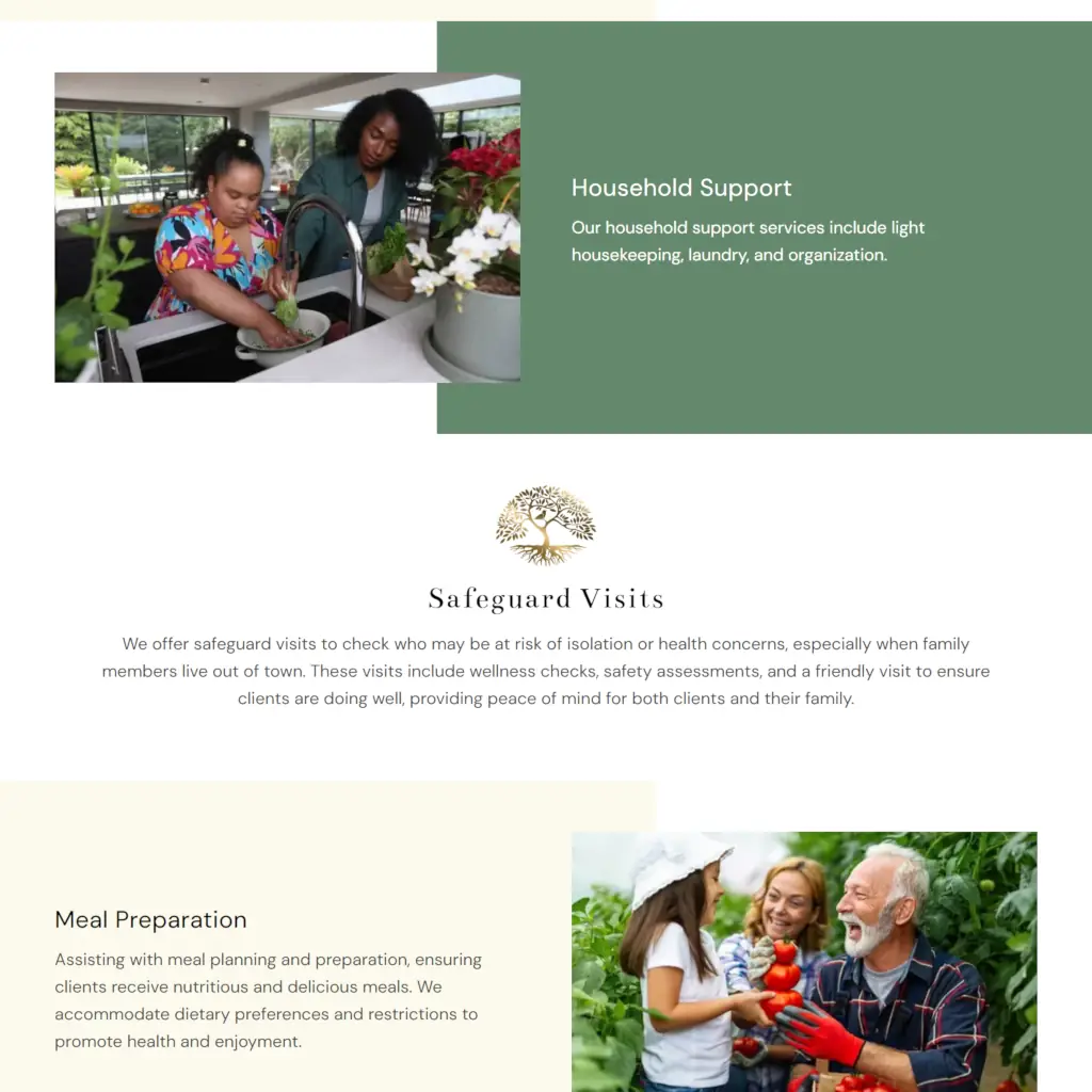 Webpage screenshot of two images depicting household support and meal preparation services. The first shows two women cleaning, conveying care. The second features a joyful elderly man and two women in a garden, highlighting healthy meal planning.