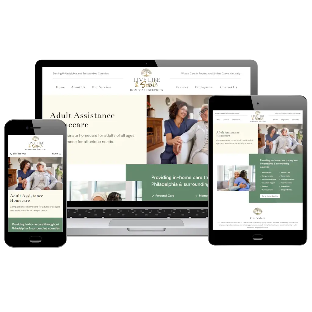 Responsive website design displayed on a phone, tablet, and laptop. It shows a homecare service with comforting images and care-focused text.