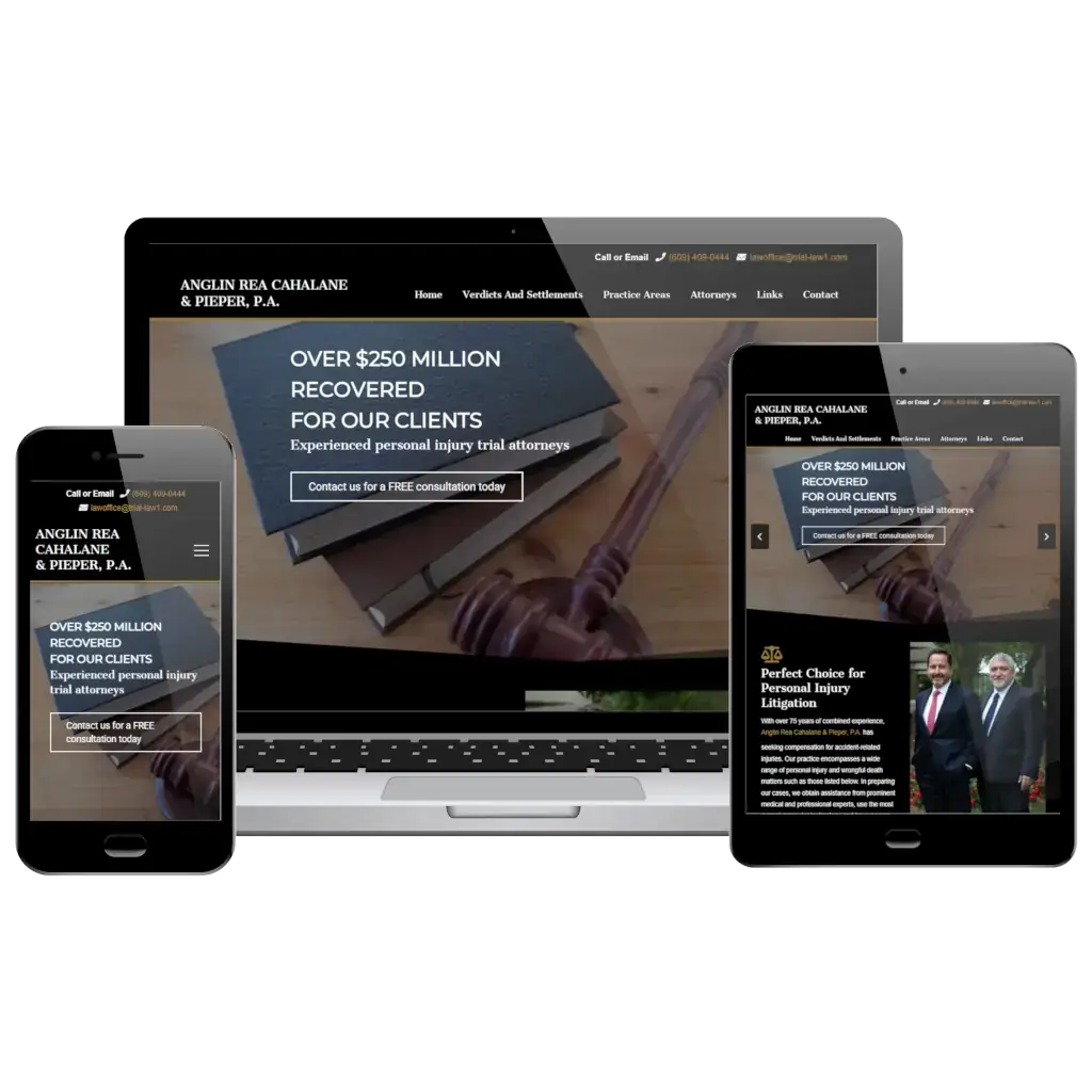 Responsive website design for Anglin Rea Cahalane & Pieper, P.A. displayed on a laptop, tablet, & smartphone.