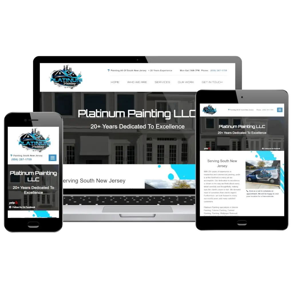 A responsive website design for Platinum Painting LLC displayed on a laptop, tablet, and smartphone.