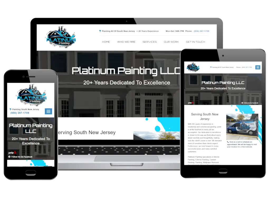 Responsive website design for "Platinum Painting LLC" displayed on a phone, tablet, and laptop. Sleek, professional layout with a theme of excellence.