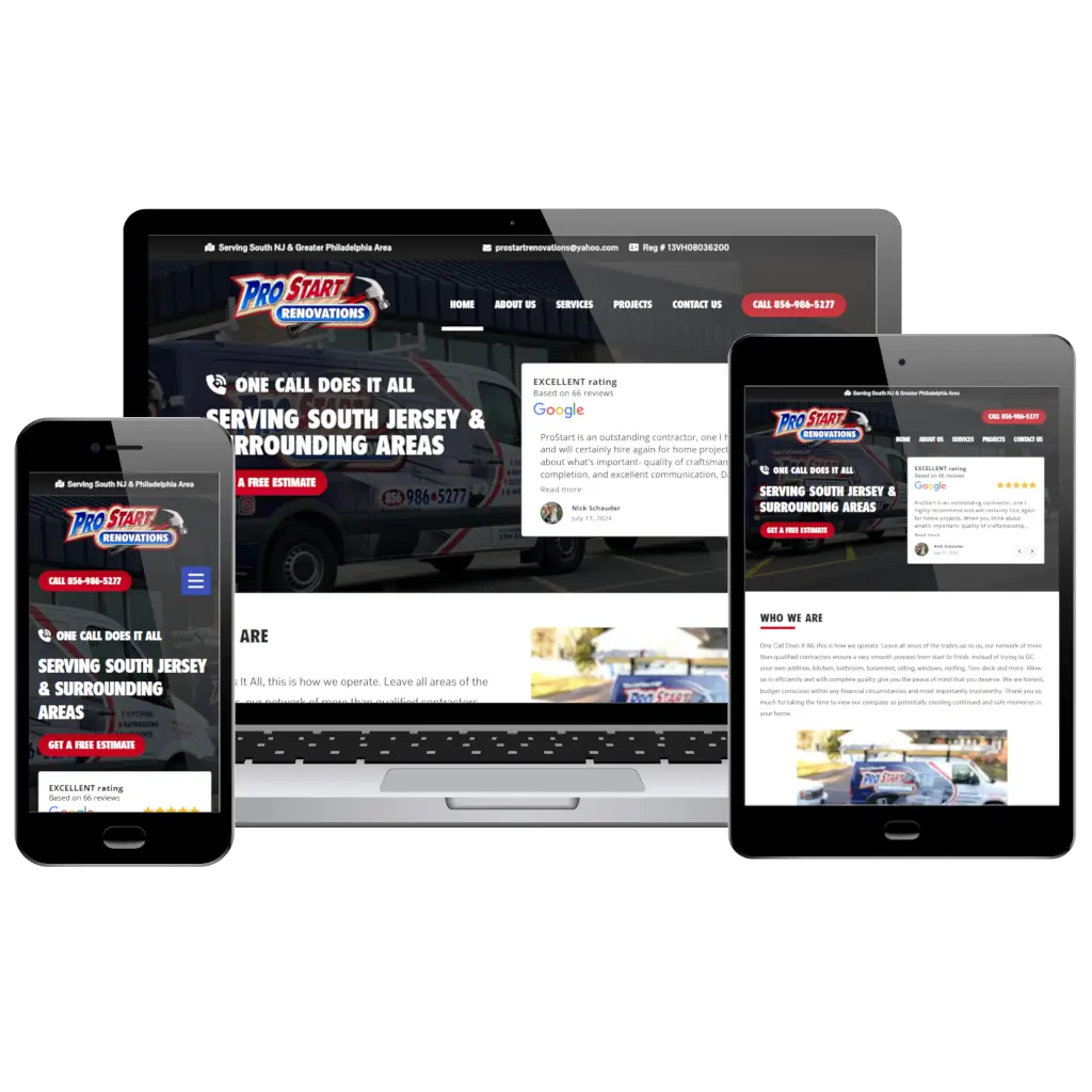 Responsive website design for Pro Start Renovations displayed on a laptop, tablet, & smartphone.