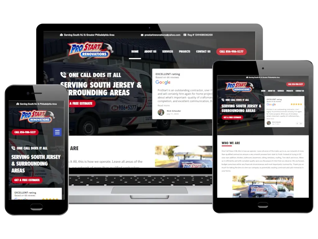 Responsive website design displayed on a smartphone, laptop, and tablet, featuring "Pro Start Renovations" branding. Emphasizes South Jersey services.
