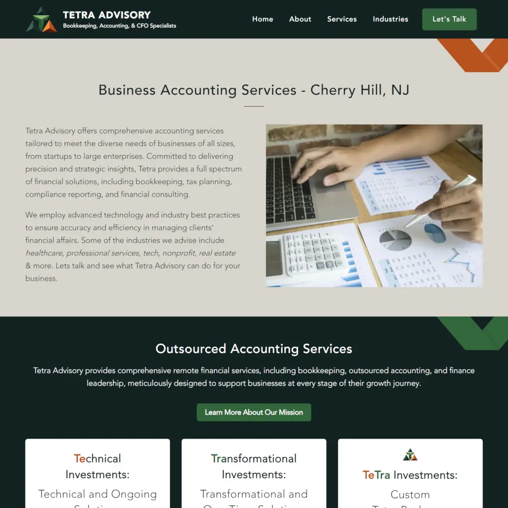 Tetra Advisory website featuring accounting services. On the left, text details services offered in Cherry Hill, NJ. On the right, an image shows a person using a laptop and reviewing financial documents with charts and graphs. The bottom section highlights outsourced accounting services and technical, transformational, and custom investments. The tone is professional and informative.