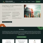 Tetra Advisory website homepage showcasing services like cash flow forecasting and process automation. Includes stock market graphic with rising bars.