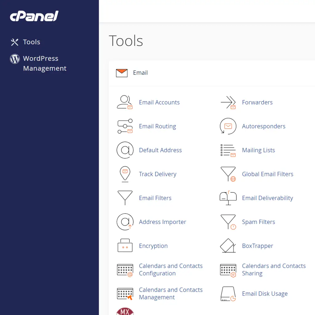 Screenshot of cPanel interface highlighting email management tools. Sections include Email Accounts, Routing, Filters, Forwarders, and more, with icons for each option. The menu on the left features navigation links for Tools and WordPress Management.